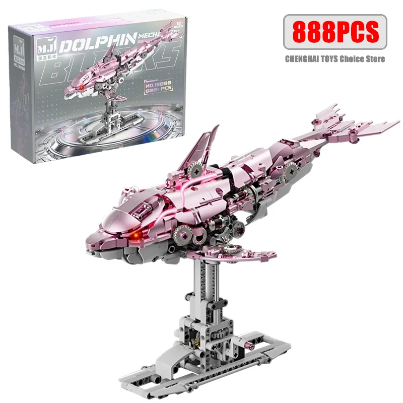

888Pcs Mechanical Dolphin Building Blocks Sets MOC Pink Blue Ocean Creature Linkage Lighting 3D Desktop Model Gift for Boys Kids