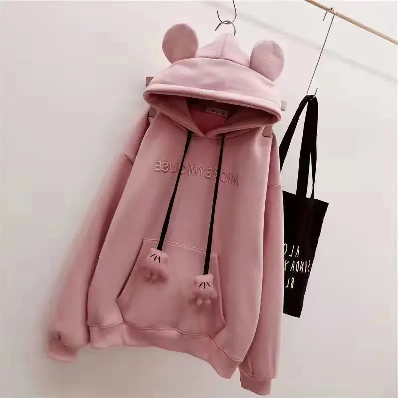 Hoodie women\'s fashion Autumn 2023 new long sleeve hoodie pull rope cute cat PAWS plus velvet student loose blouse women\'s