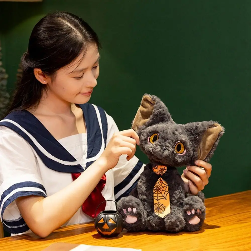 ตุ๊กตาแมวเดวอนเร็กซ์น่ารักสไตล์ฮาโลวีน ลายใยแมงมุม ตาโต แมวดำ ถือตะกร้าฟักทอง ตุ๊กตาสัตว์เดวอนเร็กซ์กอดได้