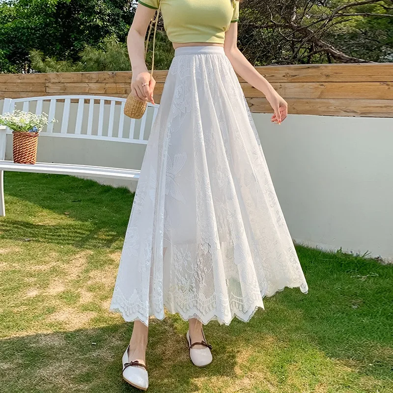 Ele saia evasê de comprimento médio com bordado de gancho de renda e rede de emagrecimento f saias para mulheres fibra de poliéster