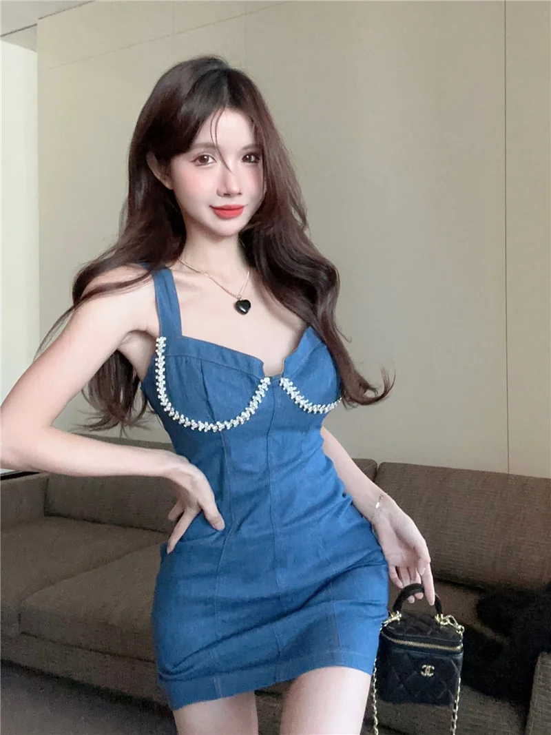 

Slim Fit Sexy Strap Dress Pure Desire Summer Heavy Work Rhinestone Sexy Bustier Denim Wrap around Skirt Short Korean Style