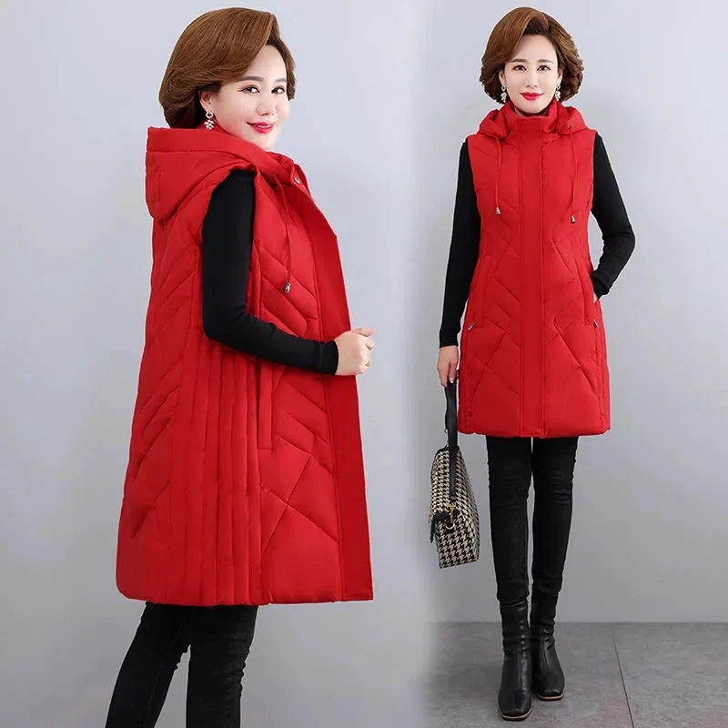 Middle-aged Mother Winter Down Cotton Vest Jacket Women Thick Parka Hooded Sleeveless Jacket Coat Female Long Waistcoat