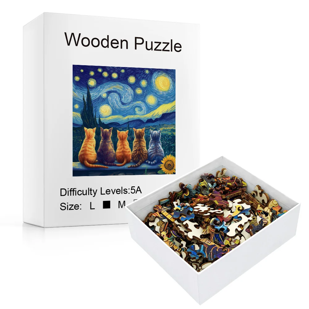A Starry Sky Cat Wooden Irregular Puzzle for Adults - Stress relieving Challenge Magic Puzzle Intelligence Game - Christmas Gift