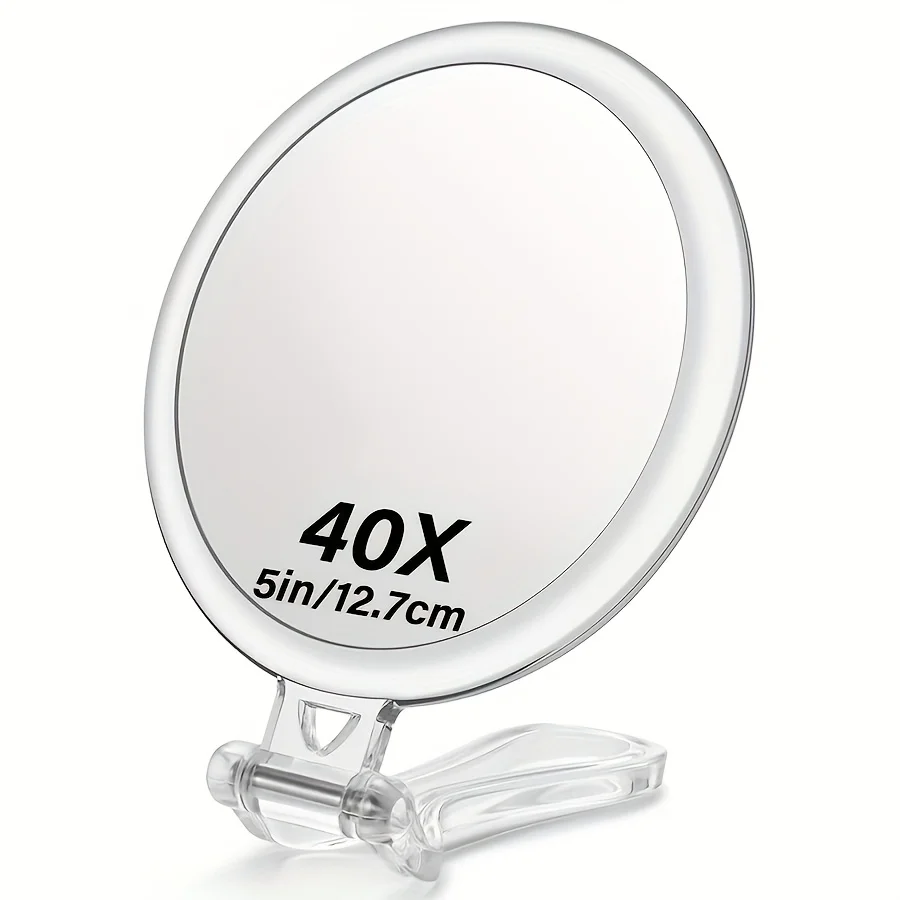 

One Piece 10/40X Double-Sided Magnifying Handheld Mirror - One Side 10X, One Side 40X, with 360 ° Adjustable Handle - Foldableable, with Adjustable Stand, Portable Acrylic Frame Travel Makeup Mirror for Eyebrow Removal, Suitable for Makeup, Shaving and De