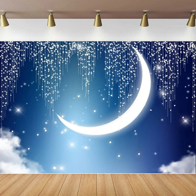 Photography Backdrop Twinkle Little Star Crescent Shiny Star Night Sky Glitter Background For Baby Shower Decor Portrait Shoot