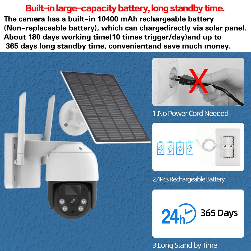 Imagem -02 - Câmeras ip de Vigilância Solar ao ar Livre com Painel Solar Câmera Ptz de 5mp Visão Noturna Colorida de 5mp Bateria Recarregável sem Fio 2k