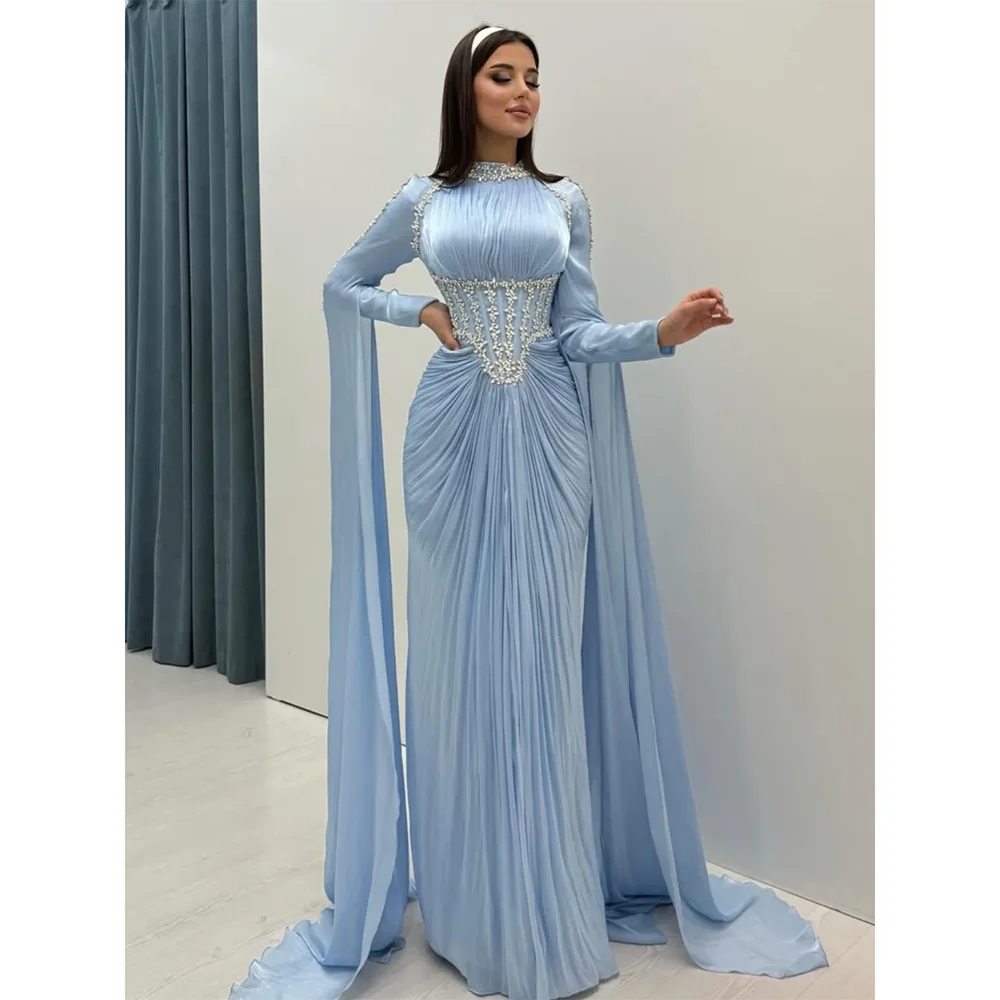 

Customized High Collar Long Evening Dresses Elegant Formal Occasion Straight Prom Gowns Bead Crystal Floor Length Prom Dresses