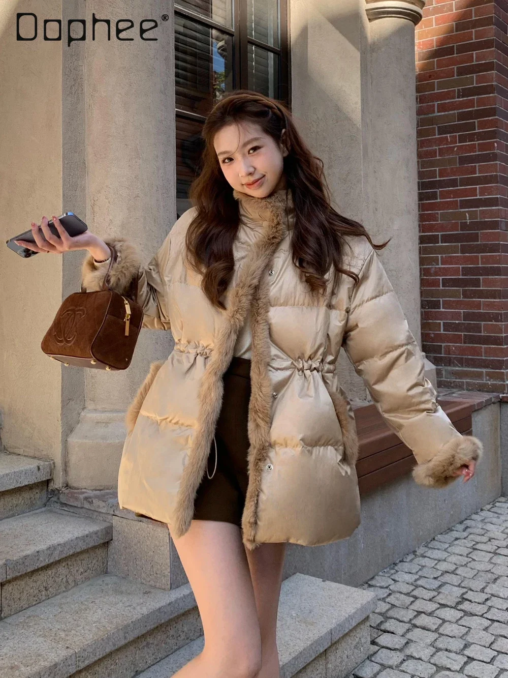 

Mink Down Coats for Women Stand Collar Elastic Waist White Duck Down Wram Medium Length Jackets Korean Fashion Outwear