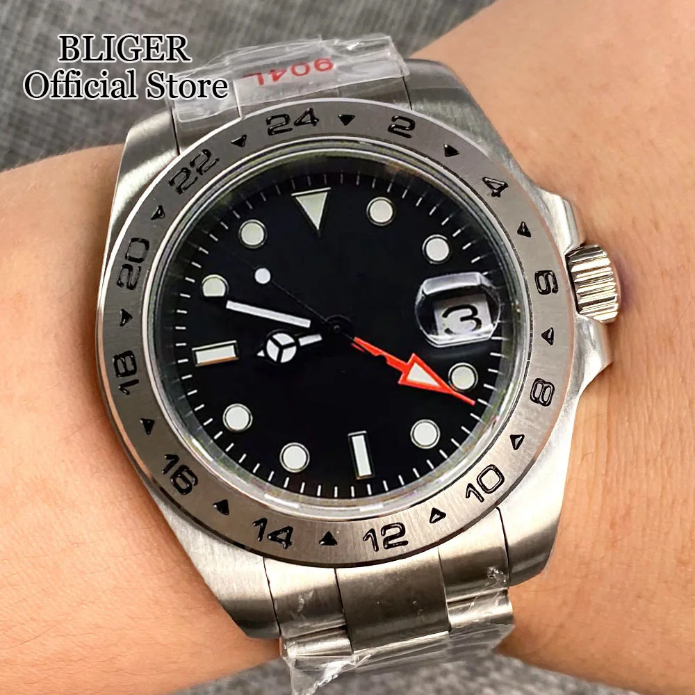 BLIGER  NH34A 39mm Black Dial Luminous NH34 GMT Function Automatic Men Watch Jubilee Bracelet Sapphire Glass Screw Crown