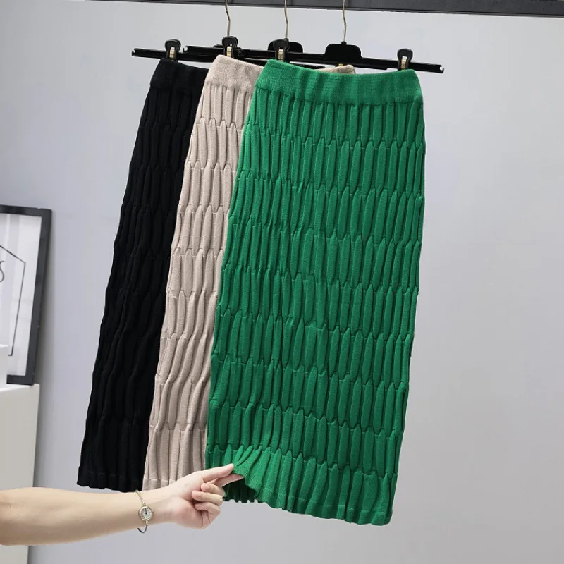 

Korean Pit Strip Knitted Straight Skirt Women Midi 2022 Autumn Winter New Loose Casual Skirt Black High Waist Pleated Hip Skirt