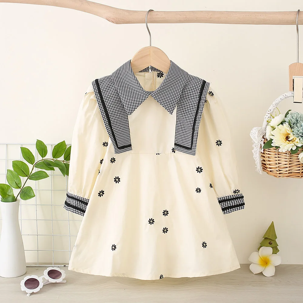 Girls' Autumn New Embroidered Princess Dress Children's Fashionable Colored Polo Collar Spring and Autumn Long Sleeve Dress