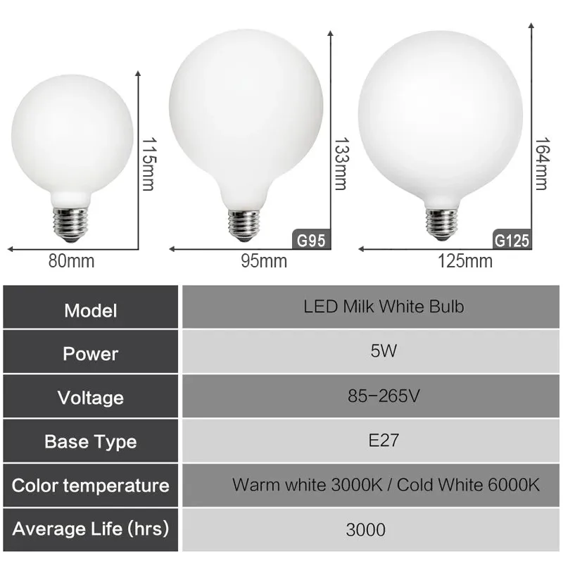Bombilla de cristal lechoso G80 G95 G125 E27 5W bombilla LED Edison AC110V 20V bombilla redonda lámpara blanca fría/cálida LED Control de sonido AC 85V-265V