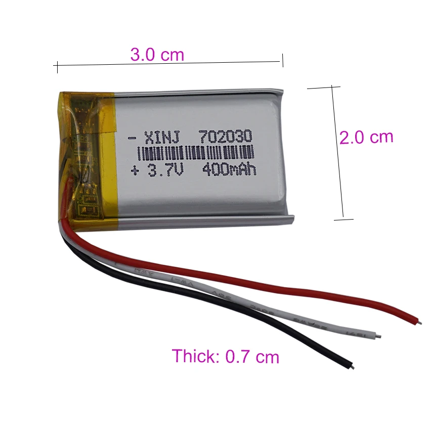 2pcs 3.7V 400mAh 1.48Wh Bateria de lítio de polímero Li 702030   Reparação de 3 fios de termistor para caneta de gravação GPS MP3 MP4 alto-falante Bluetooth