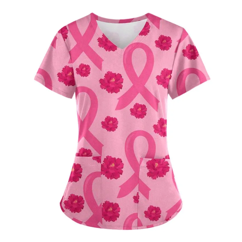 

Scrubs Medical Uniform Pink Ribbon Cancer Fighter Graphic Women's Uniforms V Neck Short Sleeve Tops with Pockets Scrubs for Wome