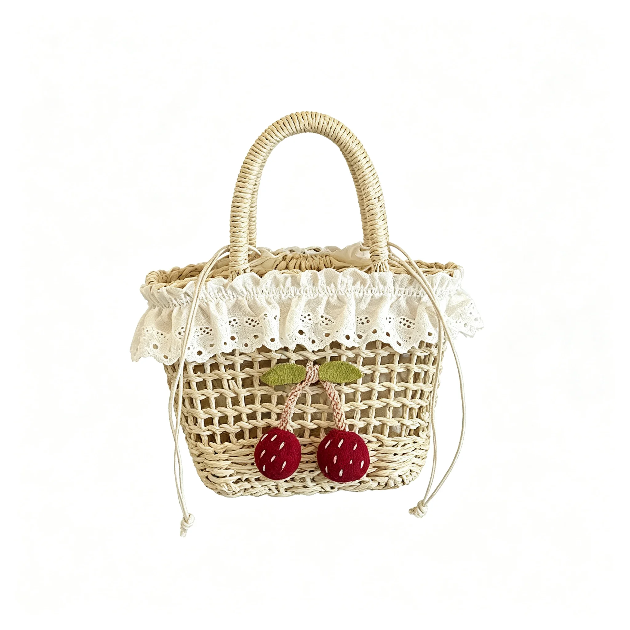 Beige Khaki Cottage Core Ditsy Floral Cherry Straw Woven Bag Lace Trim Basket Crossbody Shoulder Summer Beach Handbag For Girls