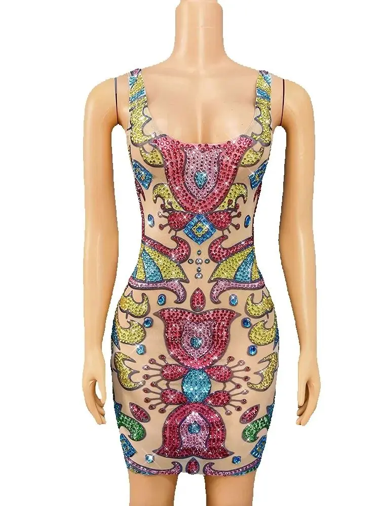 

High Quality Color Rhinestone Sexy Elastic Vest Dress 2025 New Fashion Custom Women'S Clothing