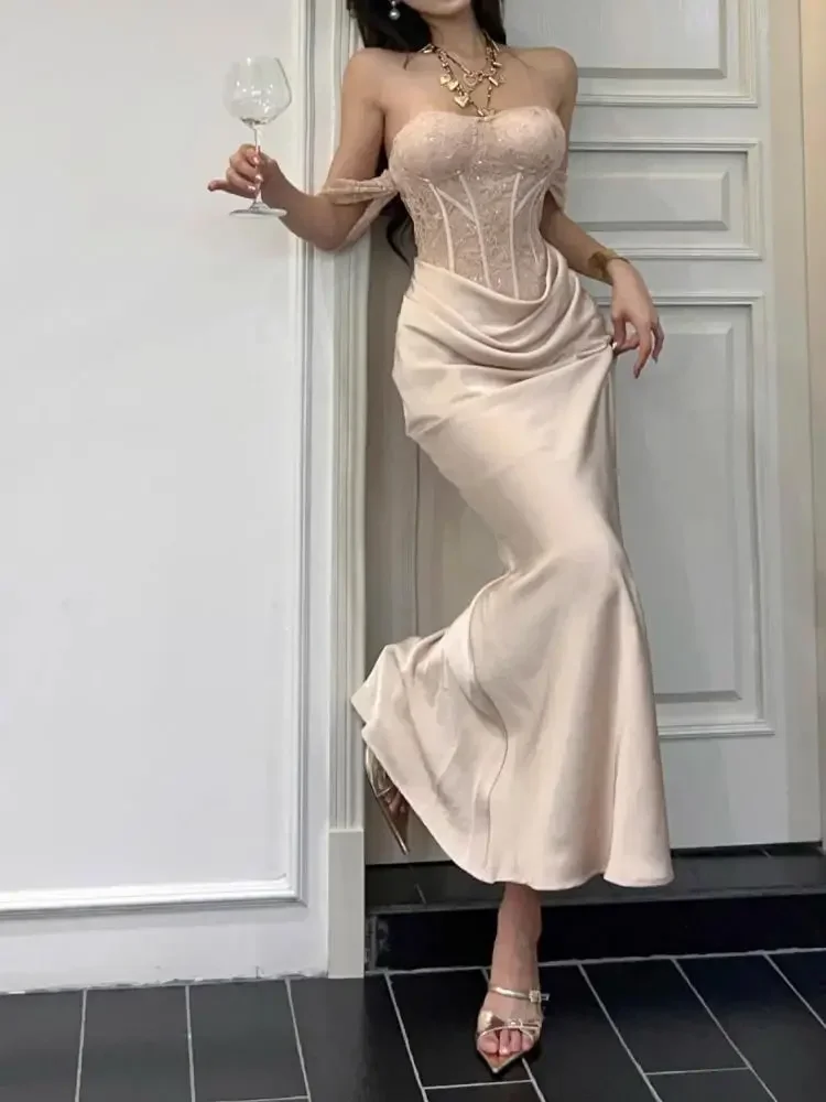 Satin Patchwork Elegant Trumpet Dress Women Off The Shoulder Vintage Clothing Lady Birthday Party Chic Vestidos Bodycon