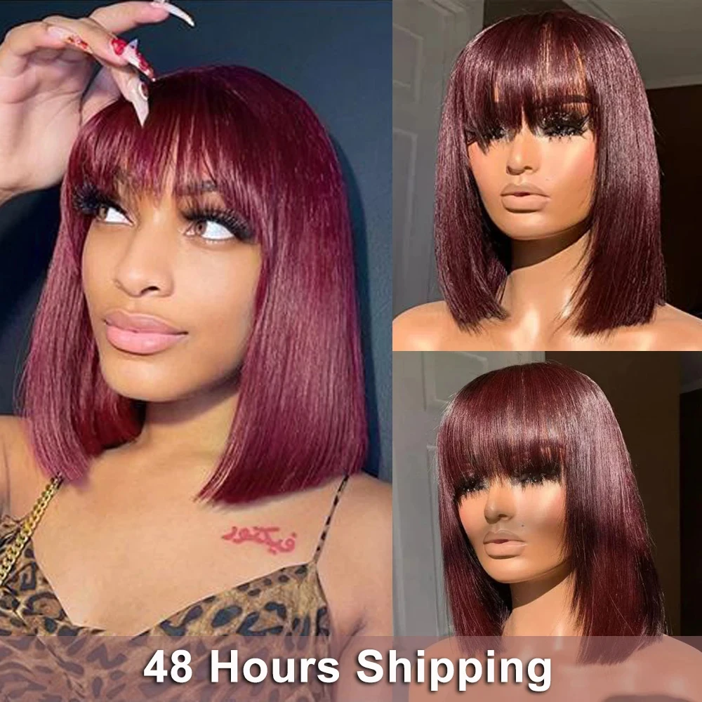 99J Burgundy Red Short Bob Human Hair Wig with Fringe for Women Straight Bob Wigs With Bangs Machine Dark Brown Balayage Color