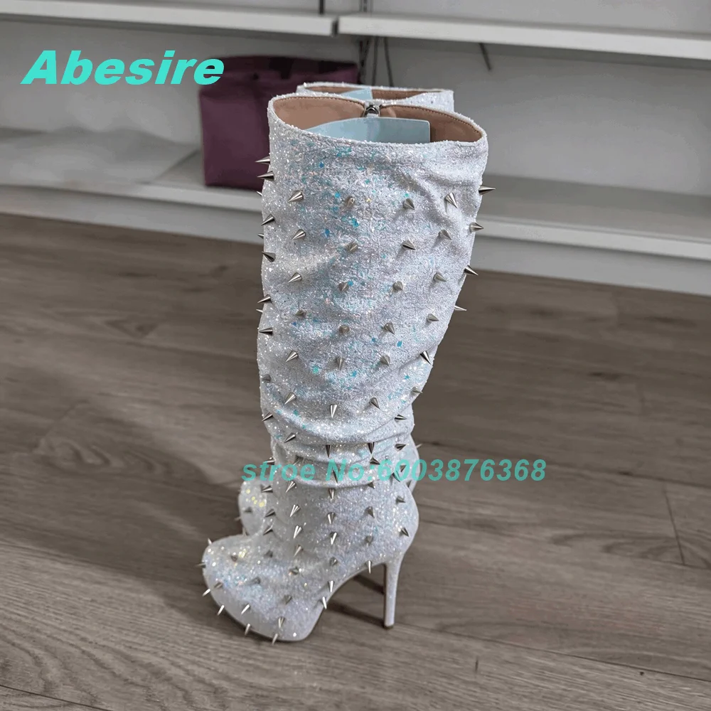 Punk Silver Glitter Spiked Rivet Knee High Boots Women Slouchy Stiletto Heels Side Zipper Boots Y2K Sexy Party Fashion Shoes