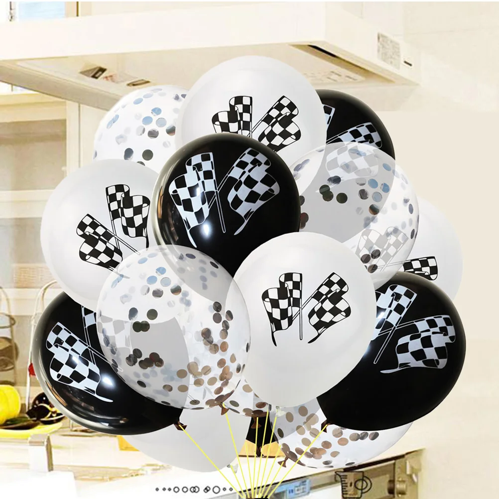 

15Pcs Racing Flag Latex Balloons Black White Silver Confetti Sequins Balloon Party Decoration Party Latex Balloon