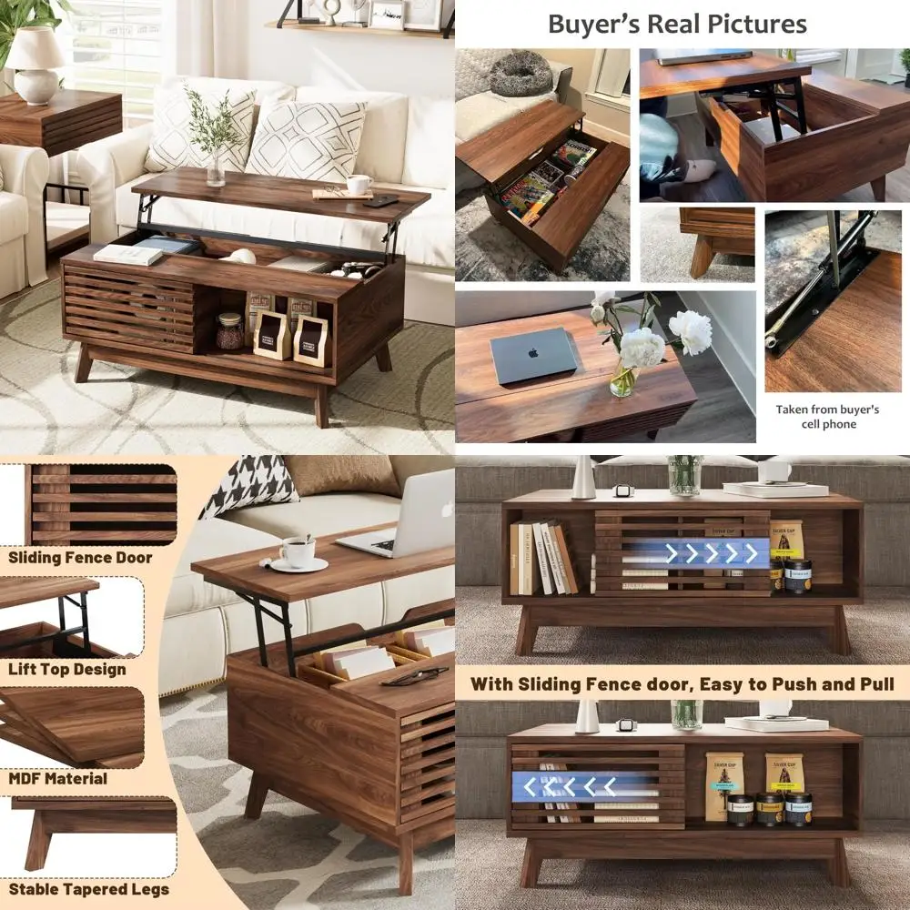 Mid-Century Modern Lift-Top Coffee Table with Storage for Living Room, Walnut Finish