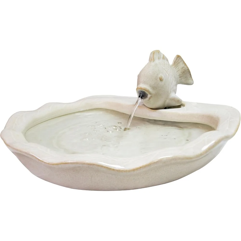 

Glazed Ceramic Fish 7-Inch Outdoor Garden Fountain - Outdoor Tabletop Fountain for Patio, Deck, Garden - White