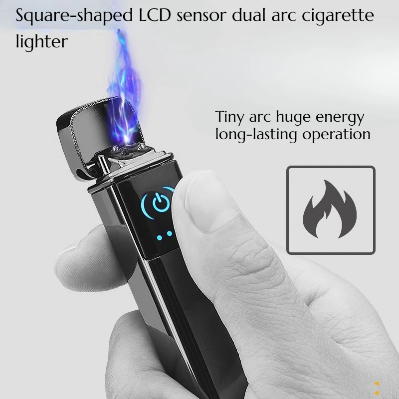 Square-shaped LCD Sensor Dual Arc Cigarette Lighter with USB Charging Wind-proof Lighter High-end men Cigarette Accessories