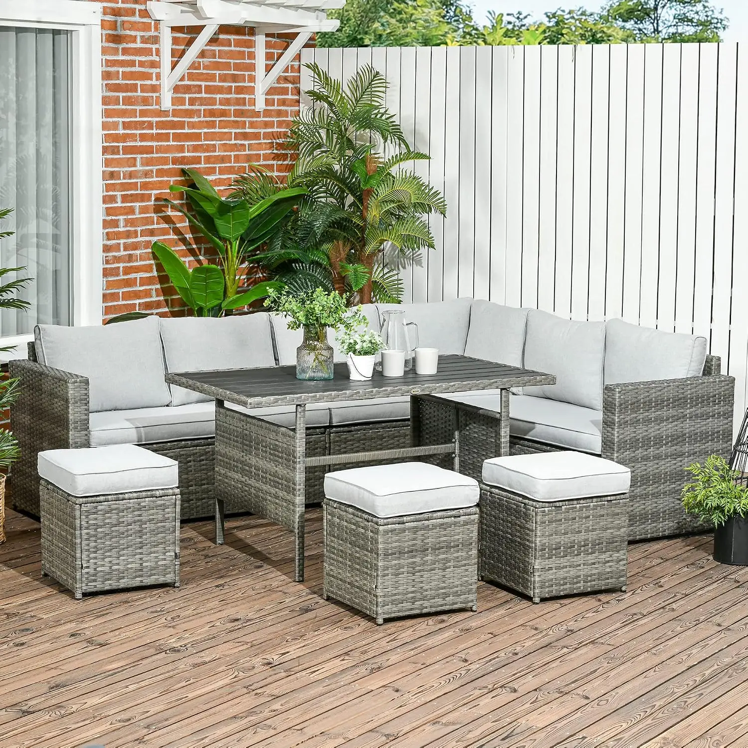 L-Shaped Rattan Patio Sectional Sofa Set with Loveseats Ottomans Dining Table Cushions Storage Mixed Gray, Customized