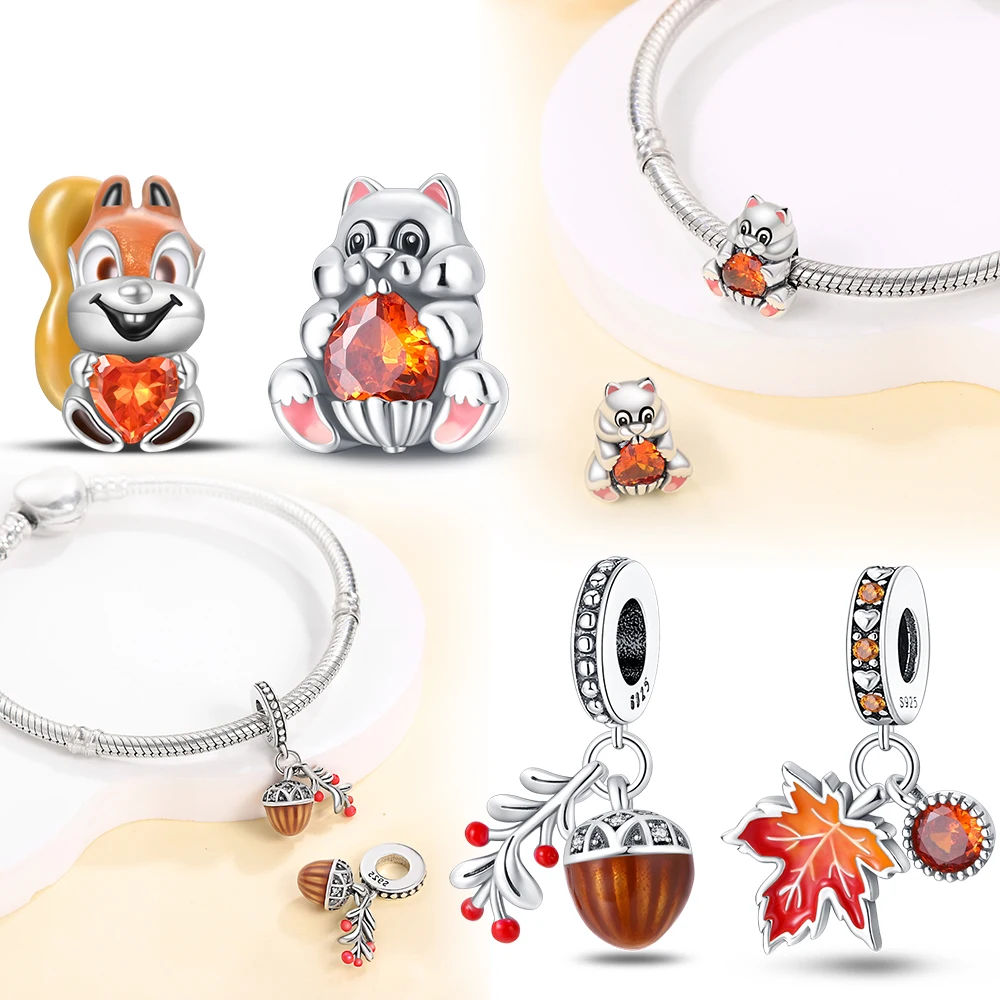 925 Sterling Silver Squirrel Holding Fruit Beads Fit Charms Pendant Silver 925 Original Bracelet for Jewelry Making