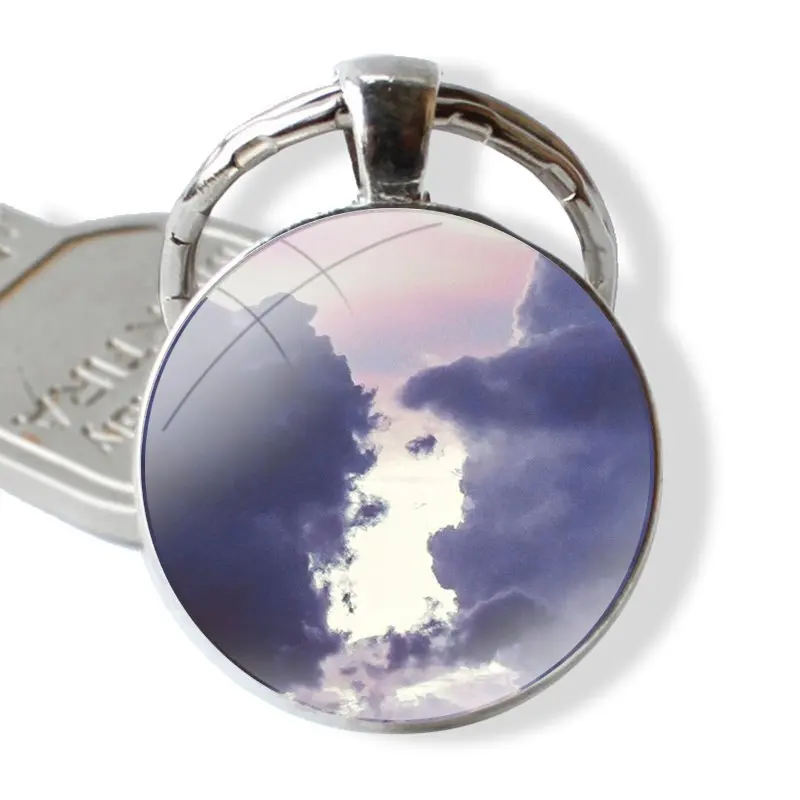 Keychain Handmade Glass Cabochon Key Ring Holder Pendant Key Chains clouds on blue sky