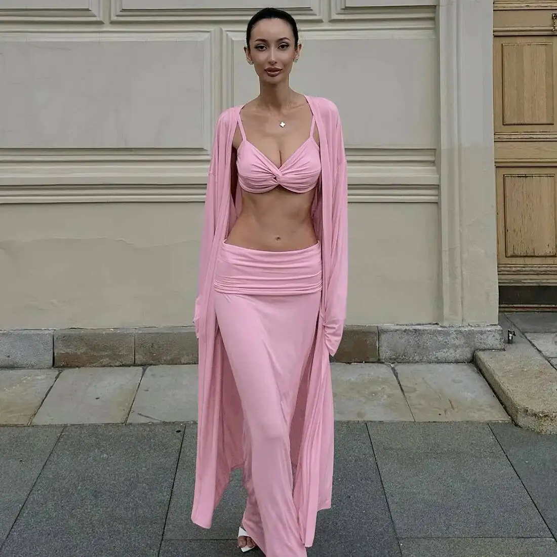 

Apprabant, осенне-зимний новый свободный комплект макси-платья со рюшами, женский кардиган с длинными рукавами, однотонный модный повседневный наряд из 2 предметов