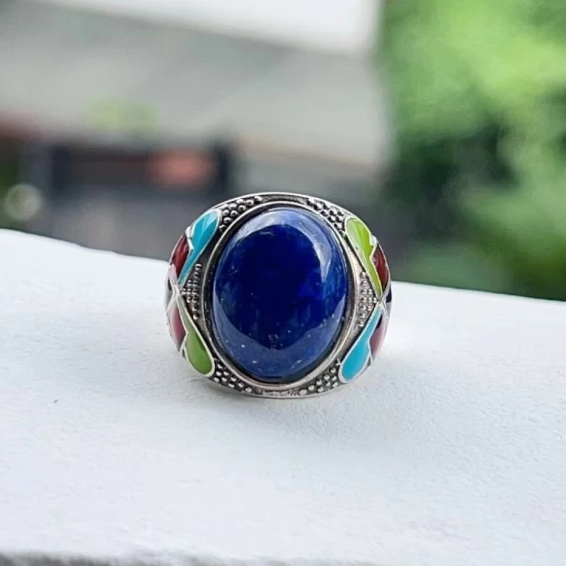 

Real Solid 925 Sterling Silver Band Men Women Lapis Lazuli Oval Enamel Pattern Ring