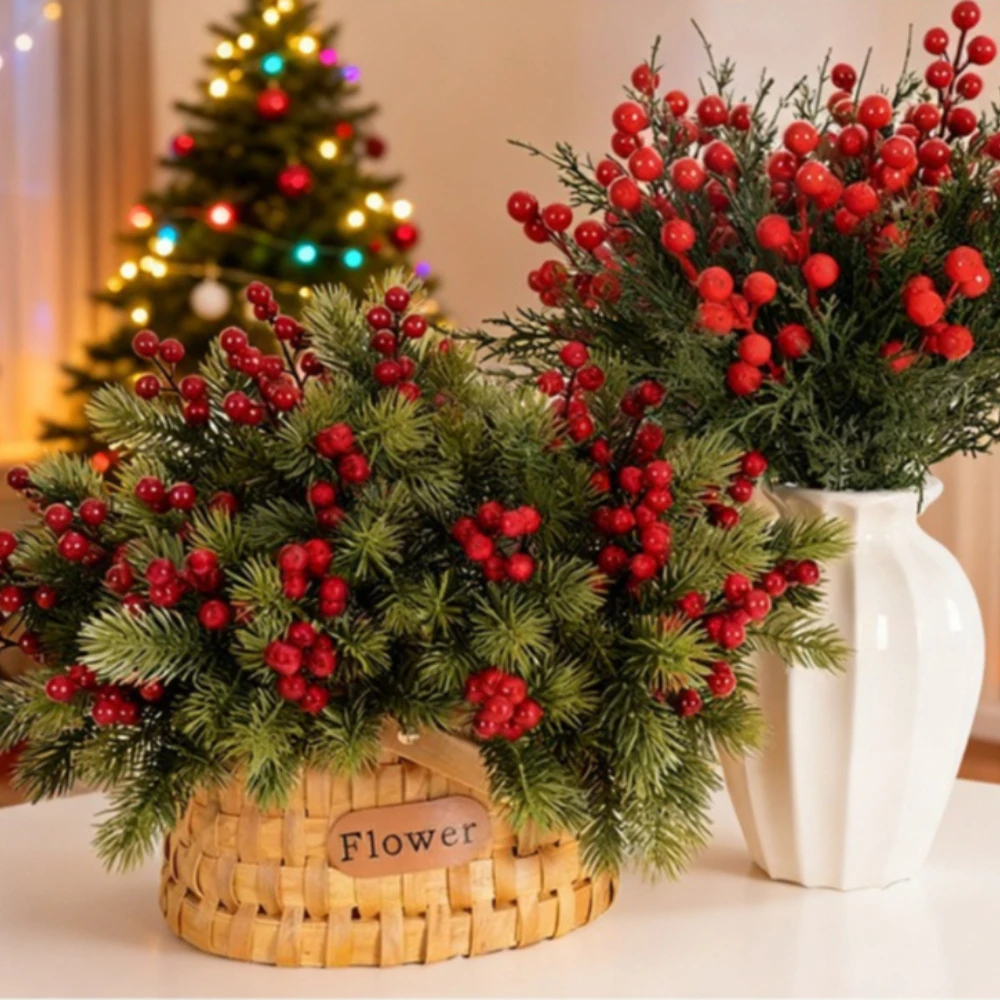 

1 Bunch Artificial Plant Pine Branches with Berries Fake Pine Needle Faux Red Berry Stems for Christmas DIY Wreath Home Decor