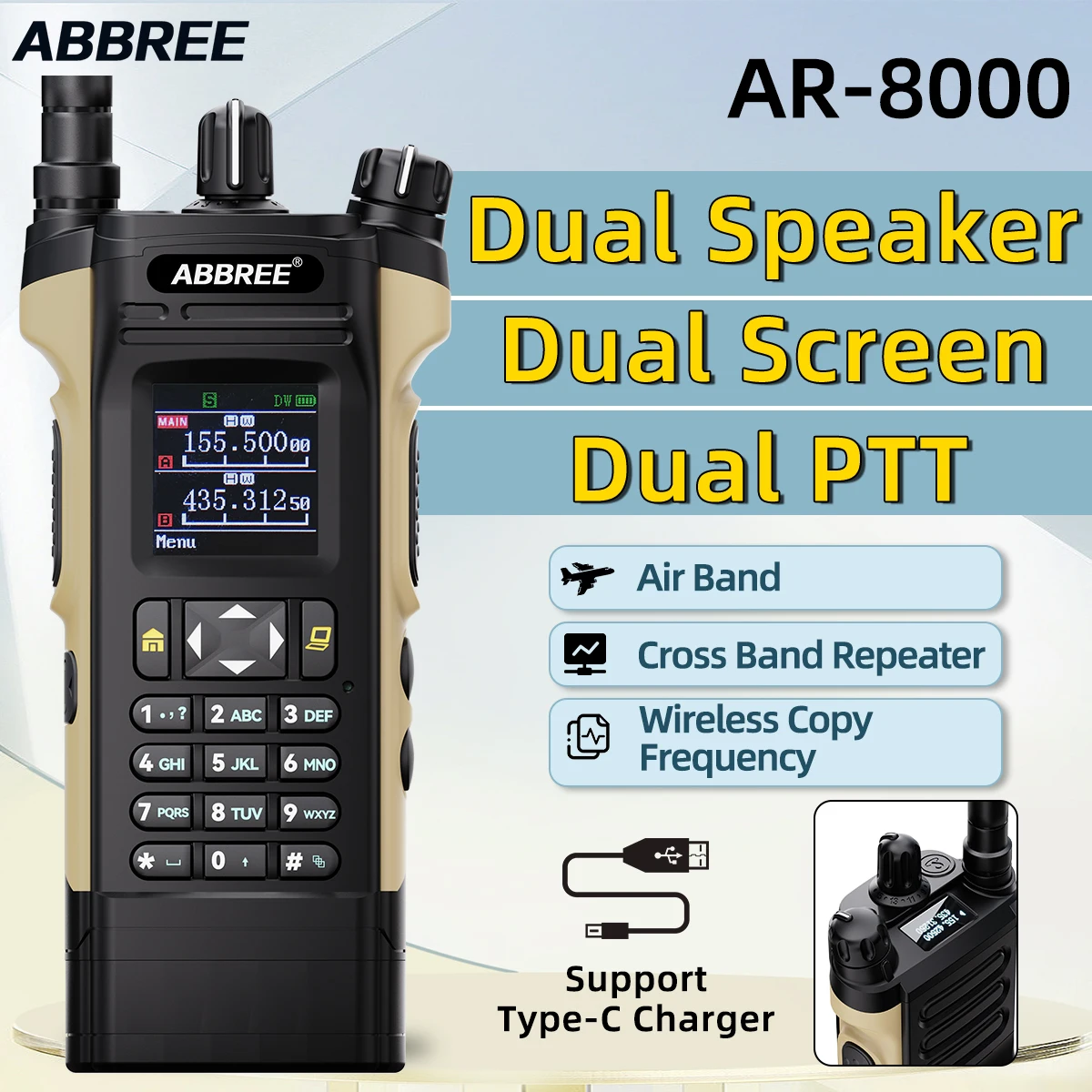 ABBREE AR-8000 Multi Band Walkie Talkie Dual Display Screen PTT Speaker Wireless Copy Frequency AM Long Range Two Way Ham Radio