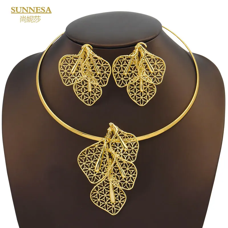 SUNNESA Design 18k Gold Plated Necklace Earrings Pendant Ring Bracelets African Trendy Luxury Dubai Jewelry Set For Women Party