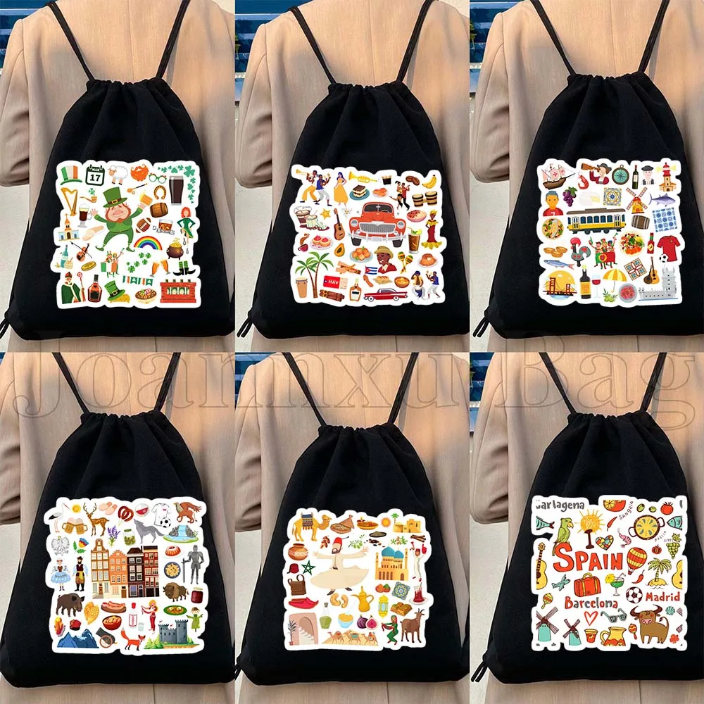 

Ireland Austria Cuba Poland Portugal South Africa Nigeria India Spanish Travel Canvas Drawstring Backpack Sackpack String Bags