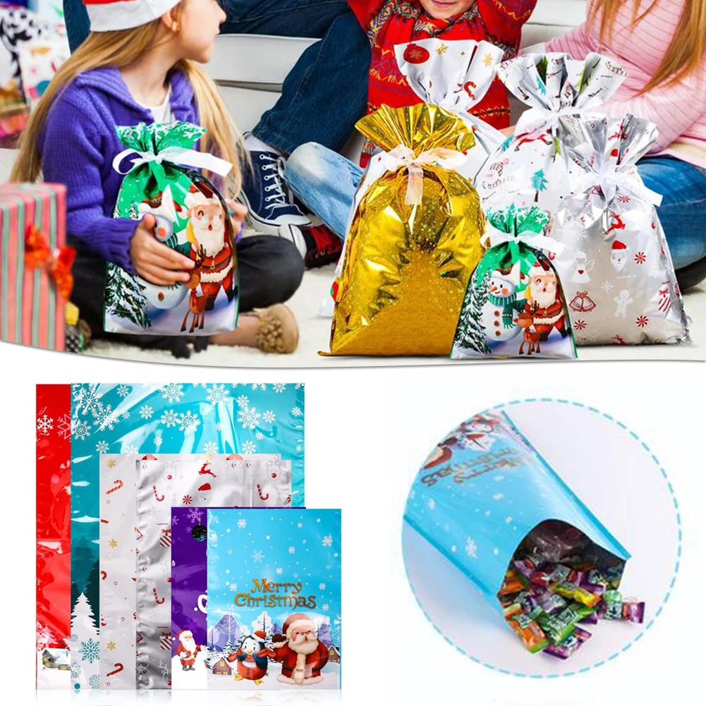 Small Present Pouches Metallic Foil Design For Christmas Sparkling Foil Design Elevates Festive Presentation. For Party Favors.