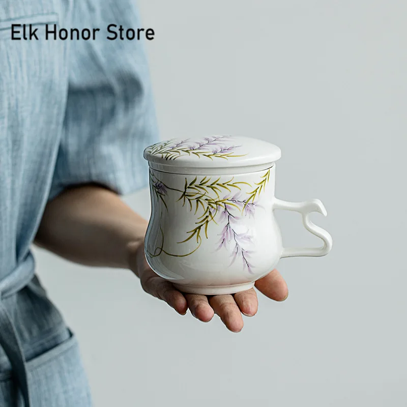 320ml Pure Hand-painted Wisteria Mug Boutique Coffee Cup Mug with Filter and Lid Tea Maker Personalized Mug Tea Items Craft Gfts