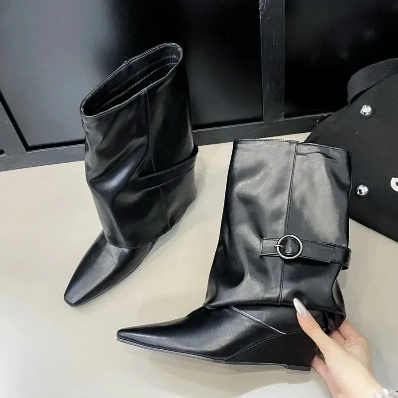 Eilyken Winter Design Pointed Toe Women Ankle Boots Fold Belt Buckle Wedges Heels Short Booties Shoes Mujer