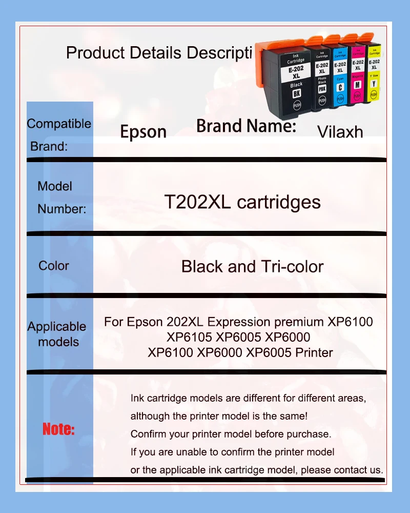 Vliaxh 202 xl Ink Cartridge For Epson 202XL Expression premium XP6100 XP6105 XP6005 XP6000 XP6100 XP6000 XP6005 Printer