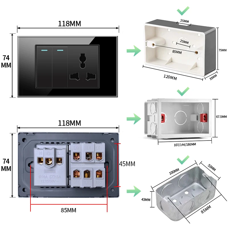 PSSRISE US Gniazdo przełącznika ściennego z ładowarką USB 5V 2.1A typu c Panel ze szkła hartowanego Włącznik światła Gniazdo zasilania