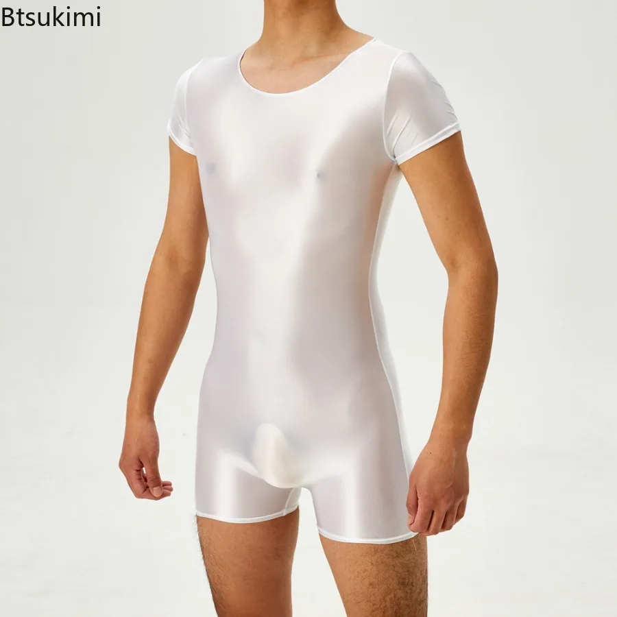Men Bodysuit Sexy Oil Shiny Glossy Tight Short Sleeve Onesies High Elastic Shapers Leotard Men Breathable Bodybuilding Jumpsuits