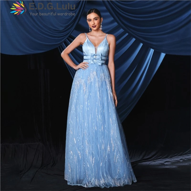 

EDGLuLu Sexy V-Neck Bow Sleevelessbirthday Dress Women 2024 Elegant Backless Blue Mesh Party Long Evening Dress 0807