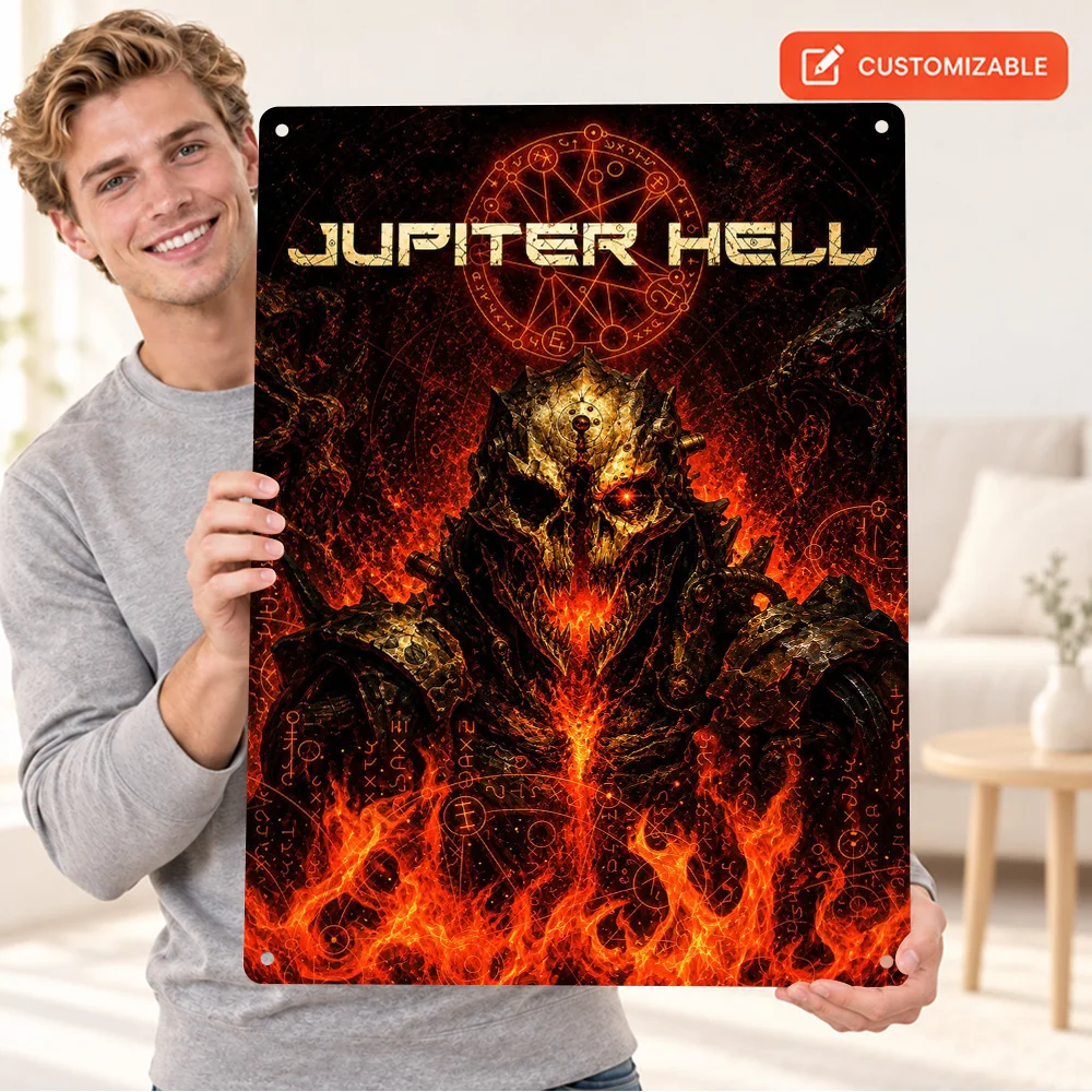 Jupiter Hell Game Textured Metal Poster Customized Aluminum Sign Fiery Skull Occult Graphic Wall Art For Gaming Room Gamer Gift