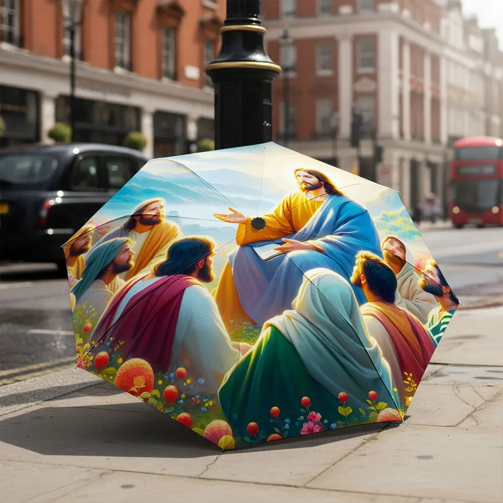 1P C Artistic Umbrella with Religious Illustration Design Print 8 Iron Ribs Folding Umbrella Auto-Open Fashion Sunshade
