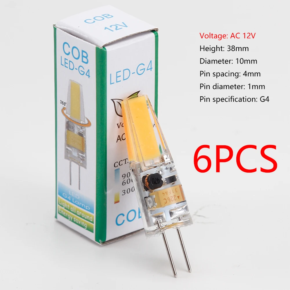 6PCS G4 12V COB LED 3W bead replacement halogen 20W bulb crystal pendant light replacement light source