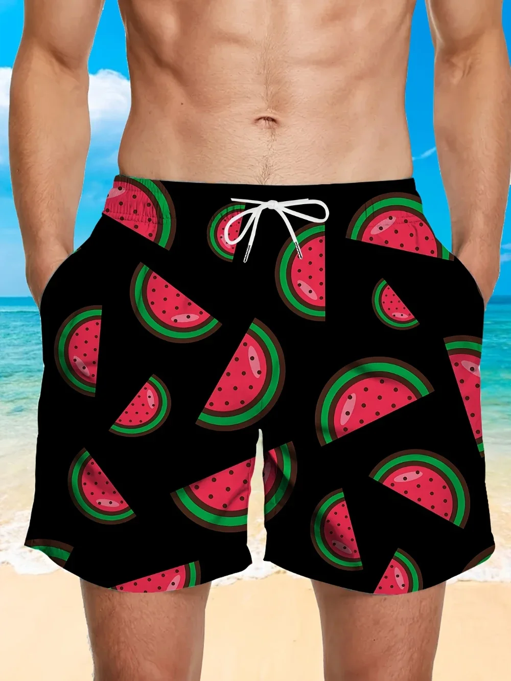 2025 Bañadores de secado rápido para hombre con bolsillos, pantalones cortos de playa informales con estampado de sandías, cordón ajustable para deportes al aire libre