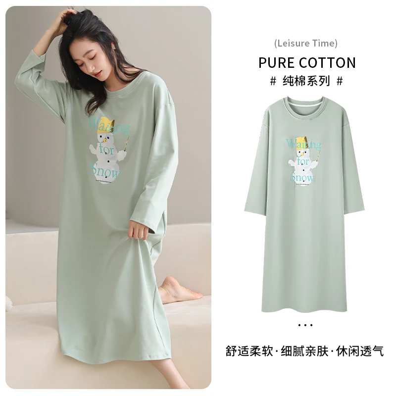 

New Spring and Autumn Women 100%Cotton Nightgown Cute Cartoon Print Long Sleeve Sleepdress Female Casual Soft Nightwear