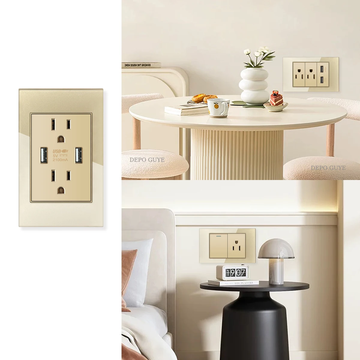 Presa USB a doppia parete standard americana, adattatore per presa interruttore luce in vetro temperato Messico USA per uso domestico Tipo-c