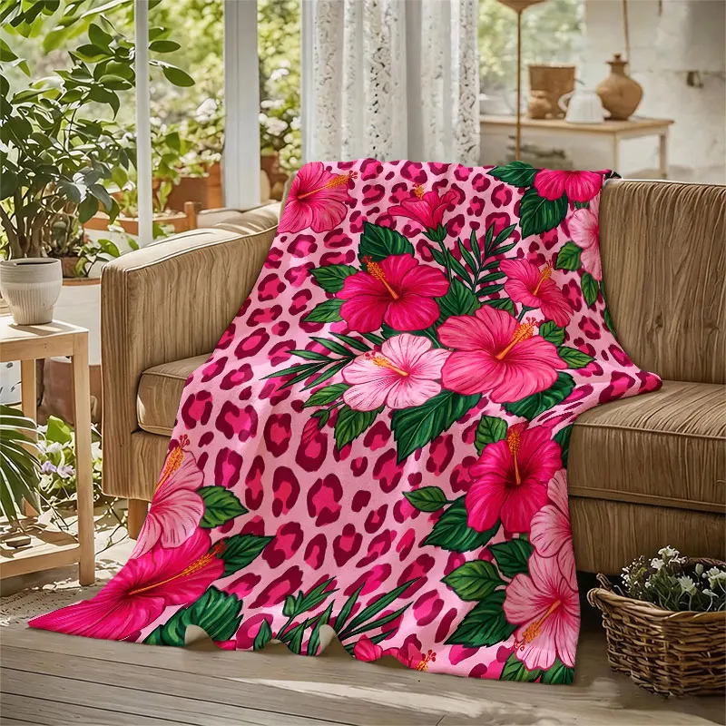 Pink Leopard Hibiscus Flower Flannel Blanket Warm Soft Halloween Christmas Decorative Couch Warm Cozy All-Season Gift